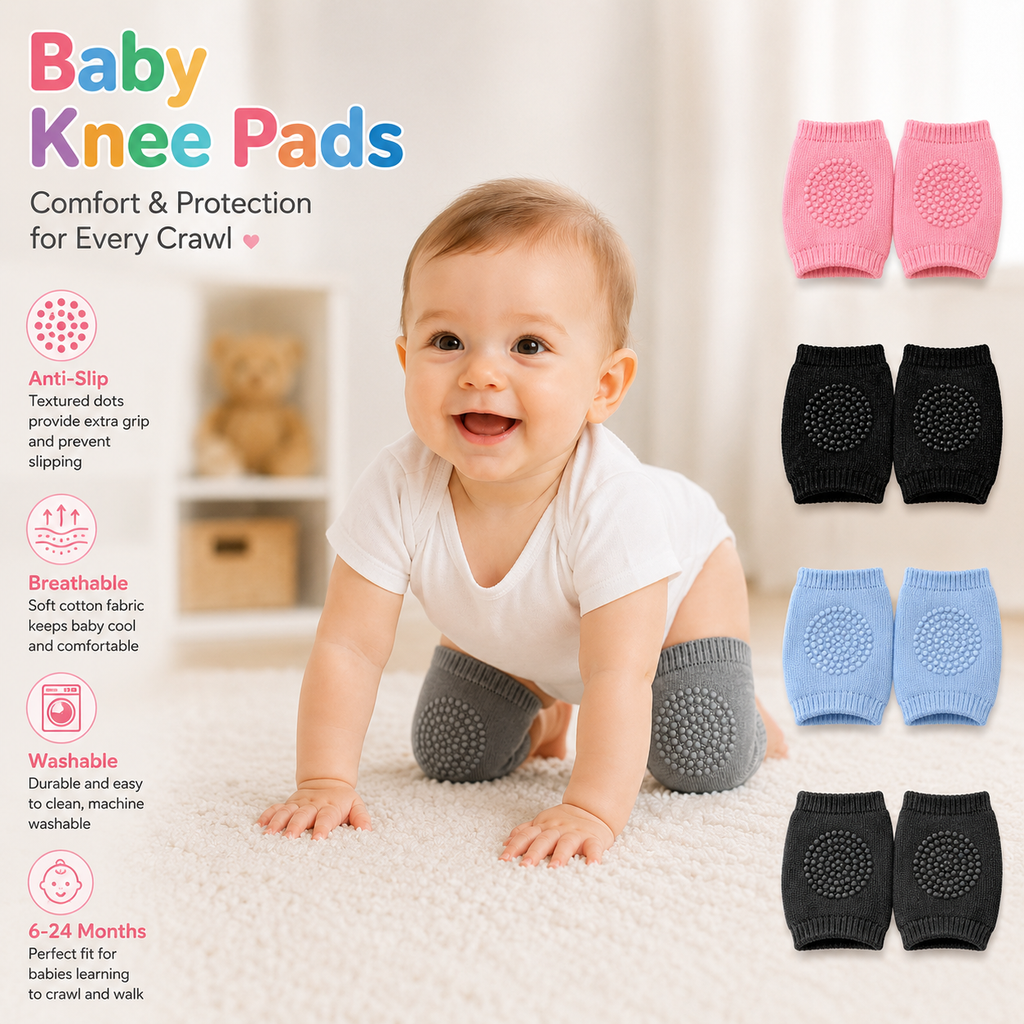 Baby Crawling Knee Pads Anti-Slip, Soft Cotton Elastic Knee Protectors for Infant Toddler Boys Girls 6-24 Months, 2 Pairs