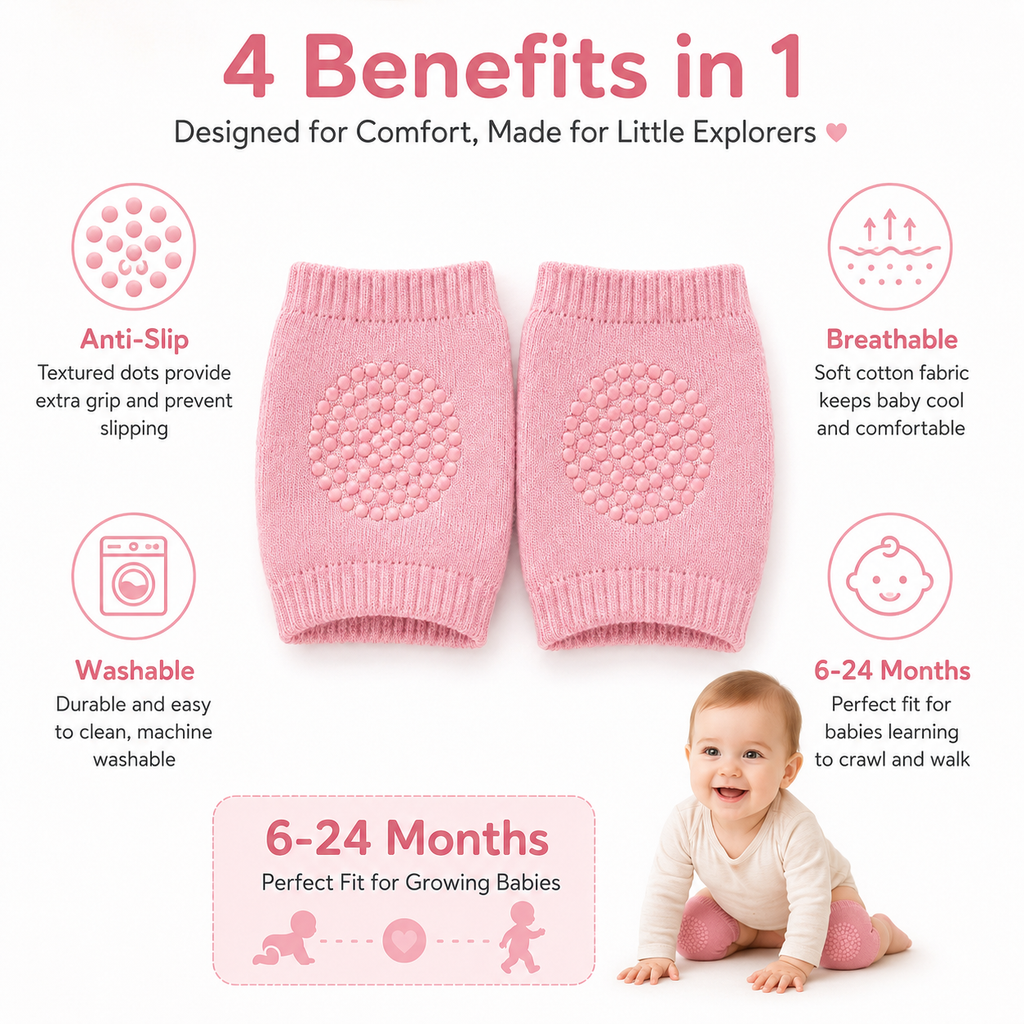 Baby Crawling Knee Pads Anti-Slip, Soft Cotton Elastic Knee Protectors for Infant Toddler Boys Girls 6-24 Months, 2 Pairs